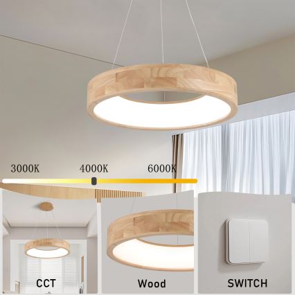 Brilagi - Lampa wisząca LED na lince FALCON WOOD LED/30W/230V 3000/4000/6000K śr. 45 cm drewno