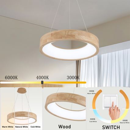Brilagi - Lampa wisząca LED na lince FALCON WOOD LED/30W/230V 3000/4000/6000K śr. 45 cm drewno