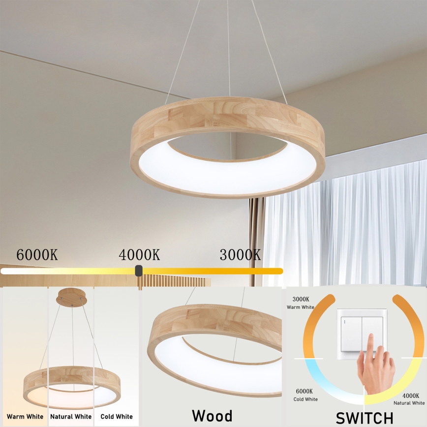 Brilagi - Lampa wisząca LED na lince FALCON WOOD LED/30W/230V 3000/4000/6000K śr. 45 cm drewno