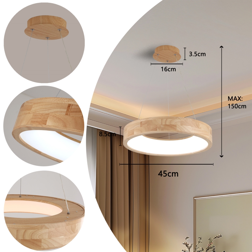 Brilagi - Lampa wisząca LED na lince FALCON WOOD LED/30W/230V 3000/4000/6000K śr. 45 cm drewno