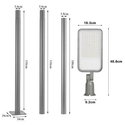 Brilagi - Zewnętrzna lampa uliczna LED ze słupem i przegubem 3 m URBANLIGHT LED/100W/230V szara IP65