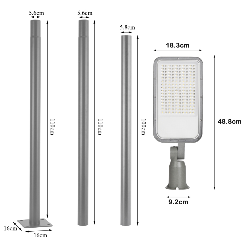 Brilagi - Zewnętrzna lampa uliczna LED ze słupem i przegubem 3 m URBANLIGHT LED/100W/230V szara IP65