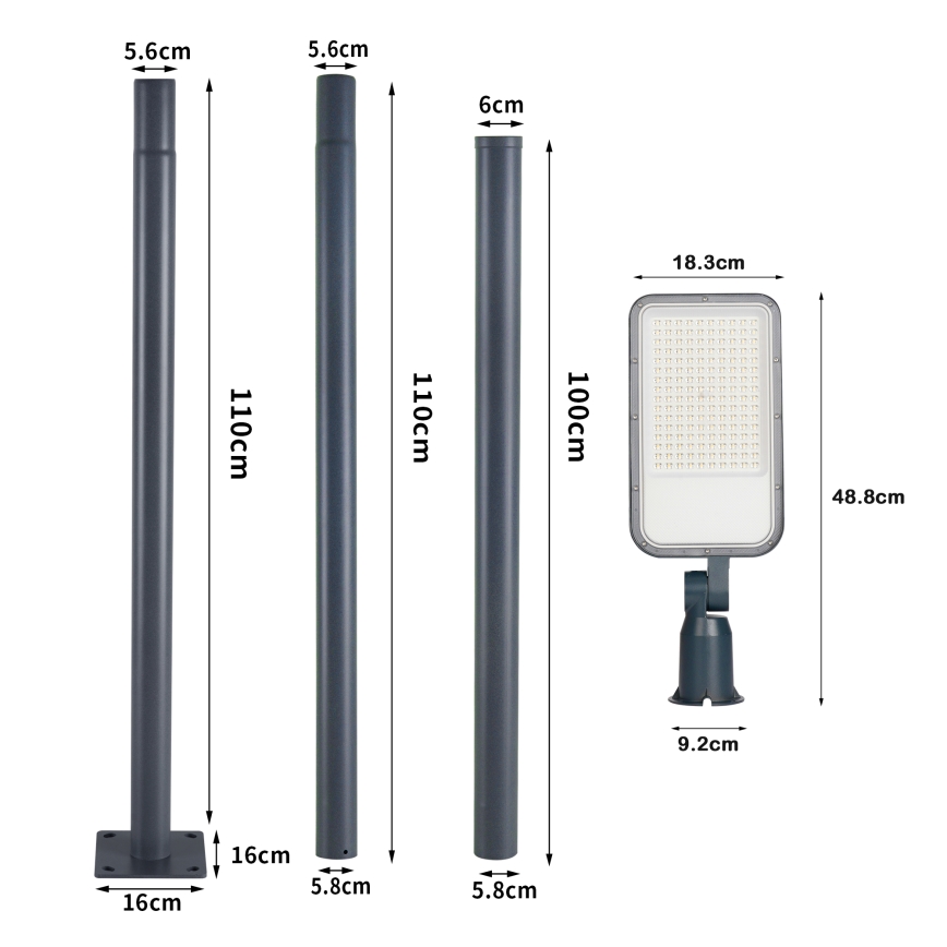 Brilagi - Zewnętrzna lampa uliczna LED ze słupem i przegubem, 3 m, URBANLIGHT LED/100W/230V, antracyt, IP65