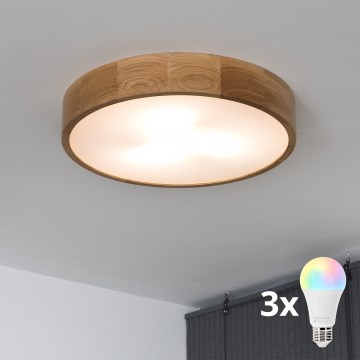 BRILAGI - LED RGBW Ściemnialna oprawa sufitowa CARVALHO 3xE27/12W/230V 2700-6500K dąb śr. 47,5 cm