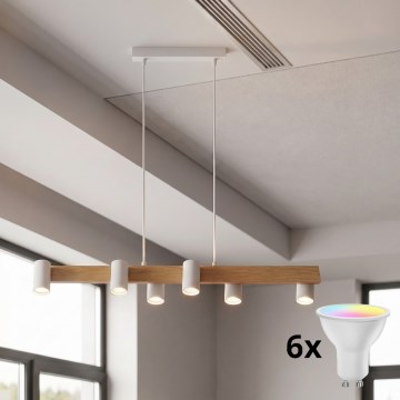 Brilagi - LED RGBW ściemnialny żyrandol wiszący na lince SELE 6xGU10/6,5W/230V 2700-6500K biały/dekor dębowy + pilot zdalnego sterowania