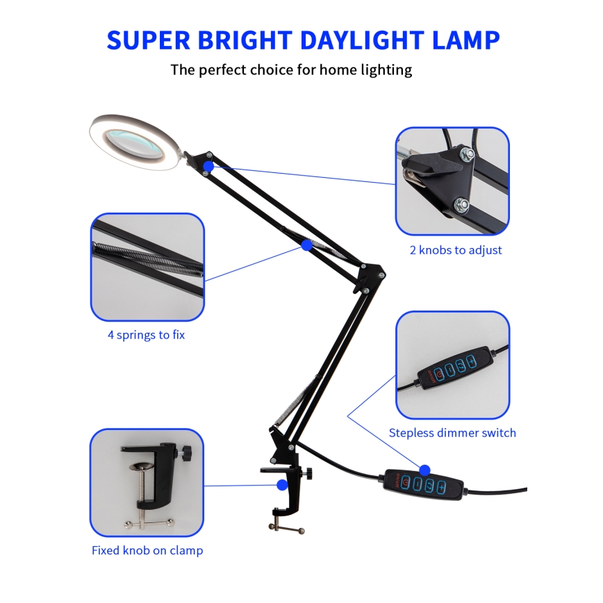 Brilagi - LED Ściemnialna lampa stołowa ze szkłem powiększającym LED/12W/5V 3000/4200/6000K czarna