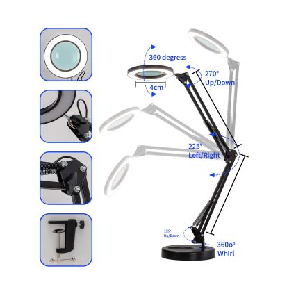 Brilagi - LED Ściemnialna lampa stołowa ze szkłem powiększającym LED/12W/5V 3000/4200/6000K czarna