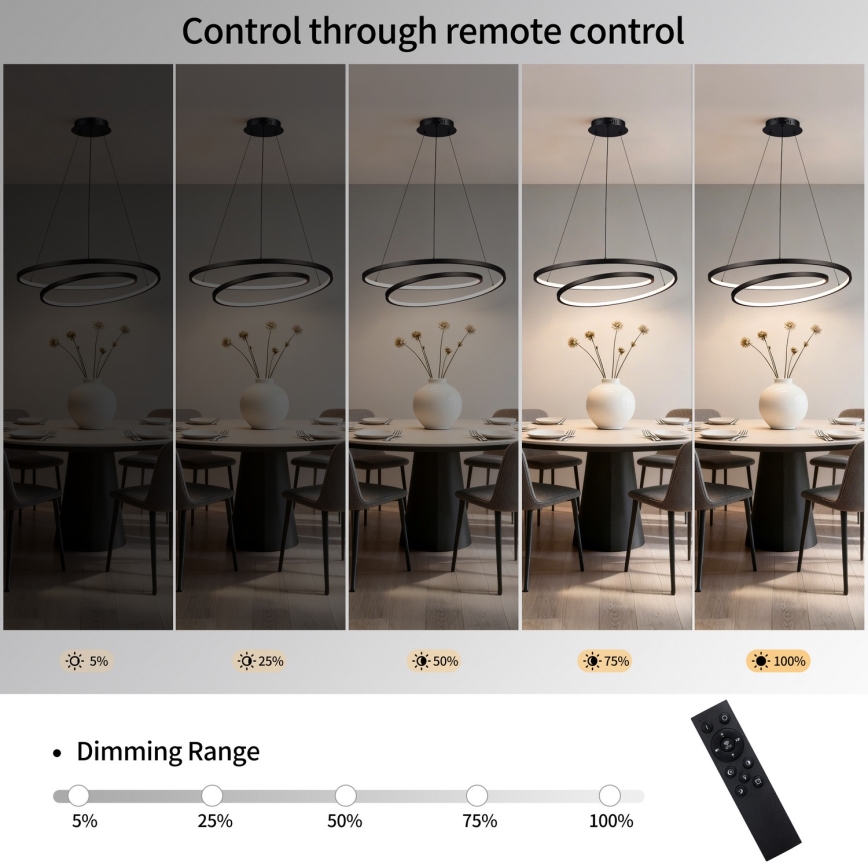 Brilagi - ściemnialny żyrandol LED na lince TWISTER LED/75W/230V 3000-6000K śr. 70 cm czarny + pilot zdalnego sterowania