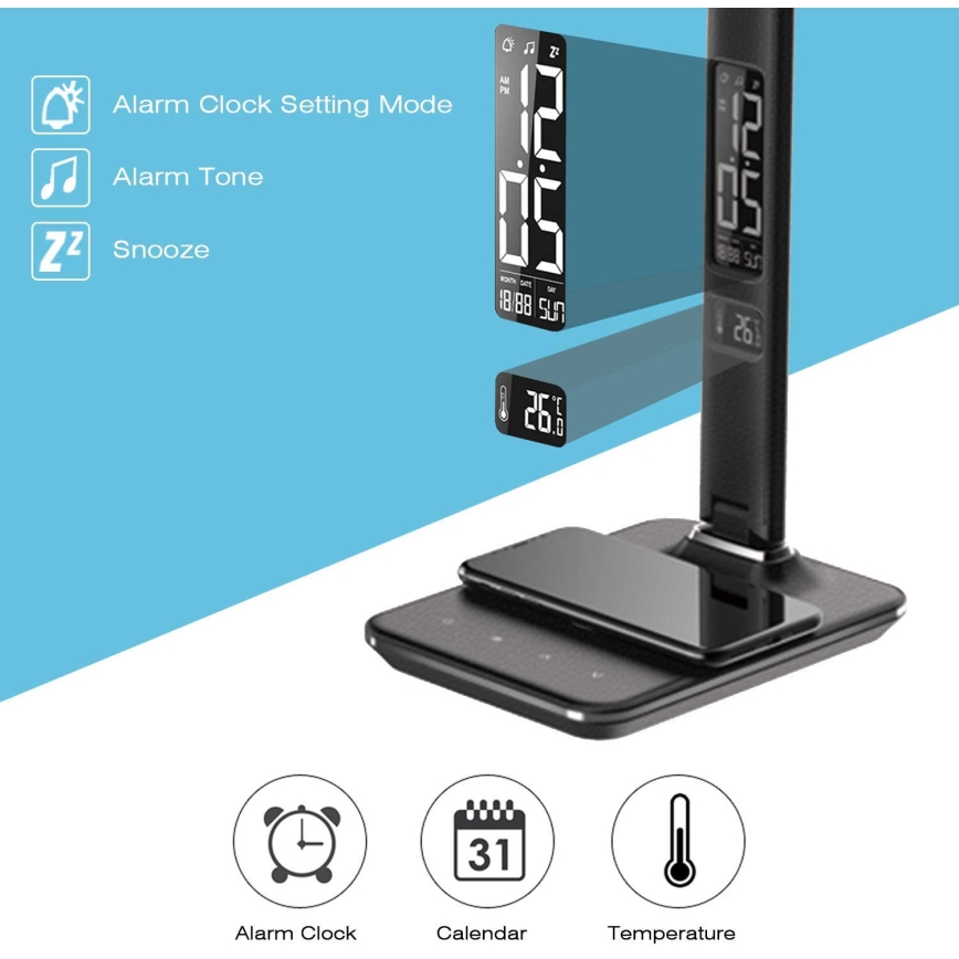 Brilagi - ściemniana lampa biurkowa LED z bezprzewodowym ładowaniem Qi i USB REGINA LED/8,5W/230V czarna