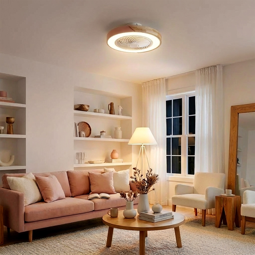 Brilagi - ściemnialna lampa sufitowa LED z wentylatorem LED/38W/230V 3000-6500K śr. 50 cm różowy/dąb + zdalne sterowanie
