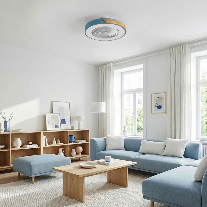Brilagi - Ściemnialna lampa sufitowa LED z wentylatorem LED/38W/230V 3000-6500K 3000-6500K śr. 50 cm niebieski/dąb + pilot zdalnego sterowania