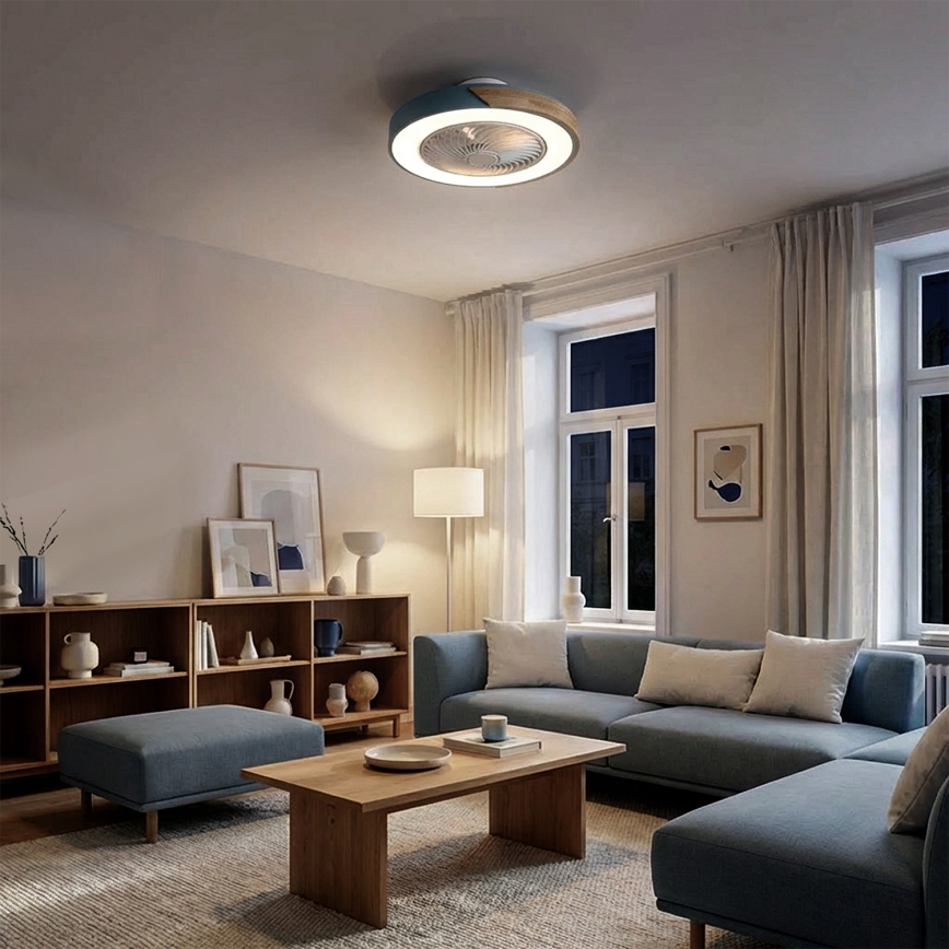 Brilagi - Ściemnialna lampa sufitowa LED z wentylatorem LED/38W/230V 3000-6500K 3000-6500K śr. 50 cm niebieski/dąb + pilot zdalnego sterowania