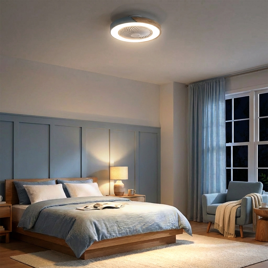 Brilagi - Ściemnialna lampa sufitowa LED z wentylatorem LED/38W/230V 3000-6500K 3000-6500K śr. 50 cm niebieski/dąb + pilot zdalnego sterowania