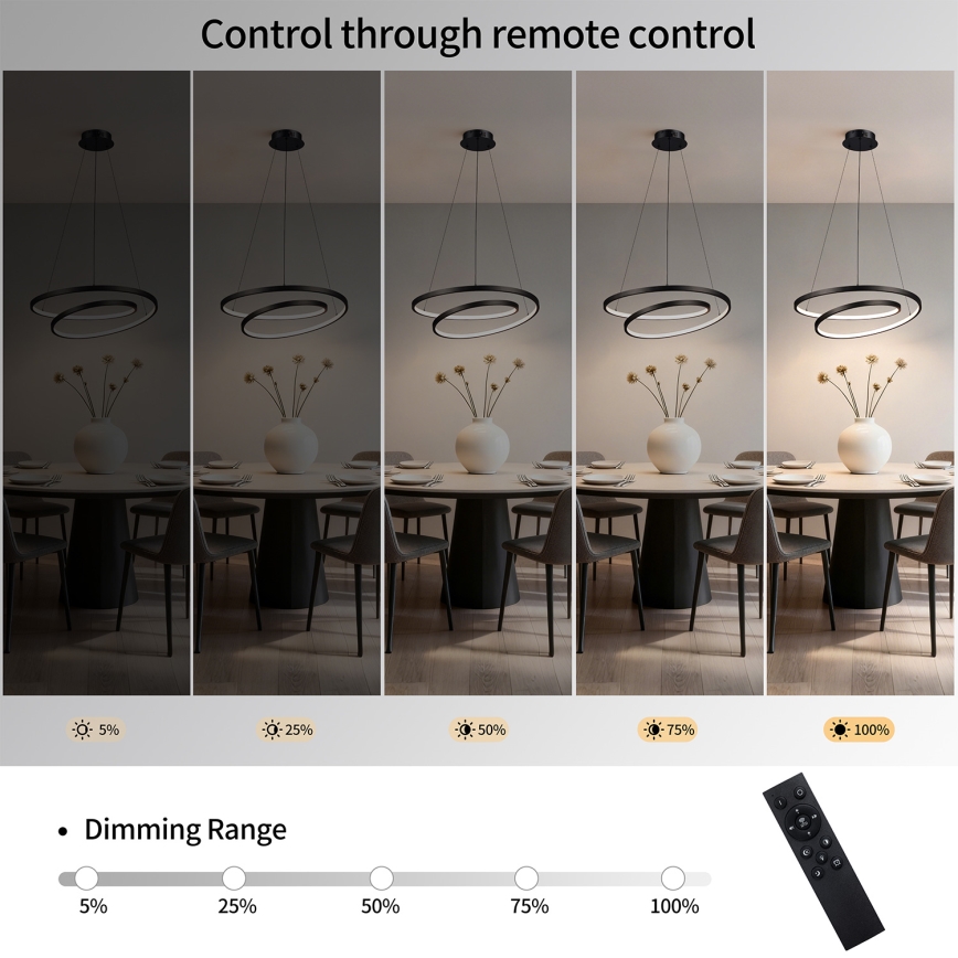 Brilagi - ściemnialna lampa wisząca LED na lince TWISTER LED/48W/230V 3000-6000K średnica 50 cm czarna + zdalne sterowanie