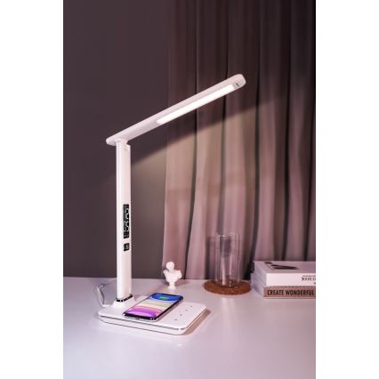 Brilagi - LED ściemnialna lampa stołowa z bezprzewodowym ładowaniem QI i USB REGINA LED/8,5W/230V biała