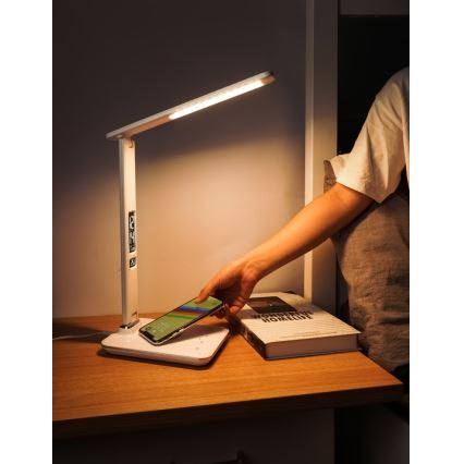 Brilagi - LED ściemnialna lampa stołowa z bezprzewodowym ładowaniem QI i USB REGINA LED/8,5W/230V biała