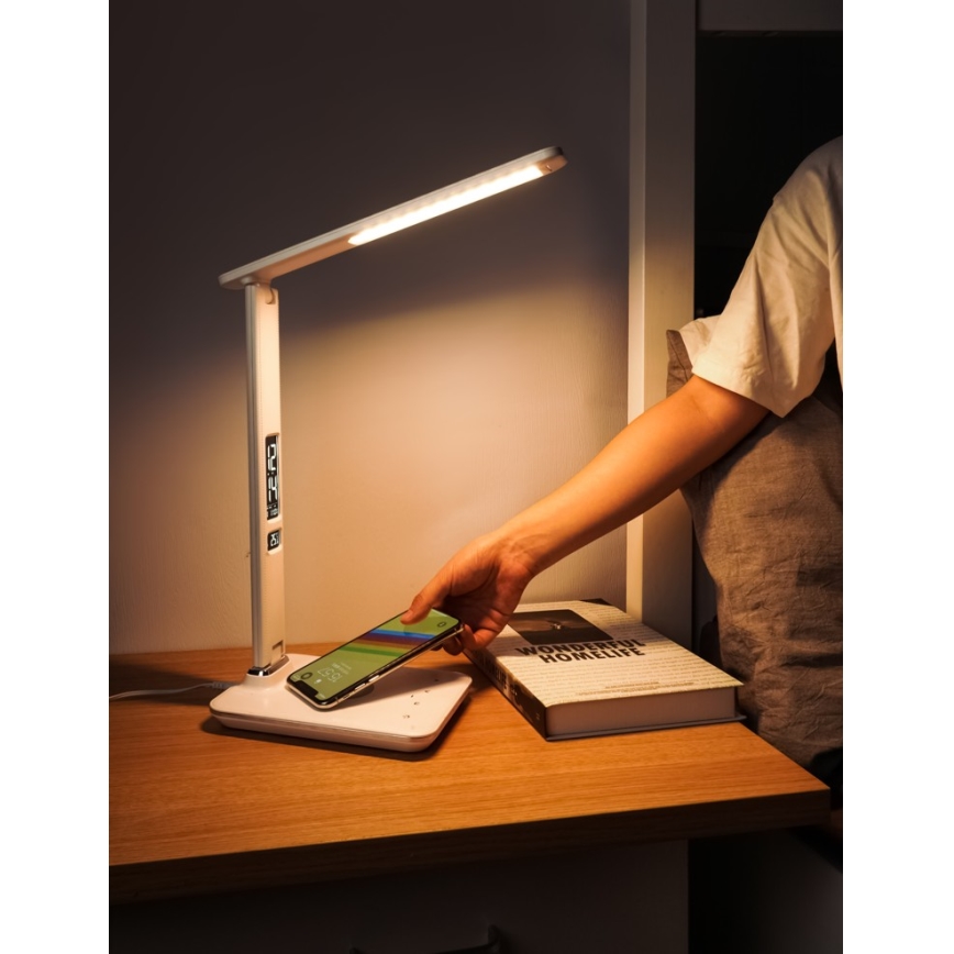 Brilagi - LED ściemnialna lampa stołowa z bezprzewodowym ładowaniem QI i USB REGINA LED/8,5W/230V biała