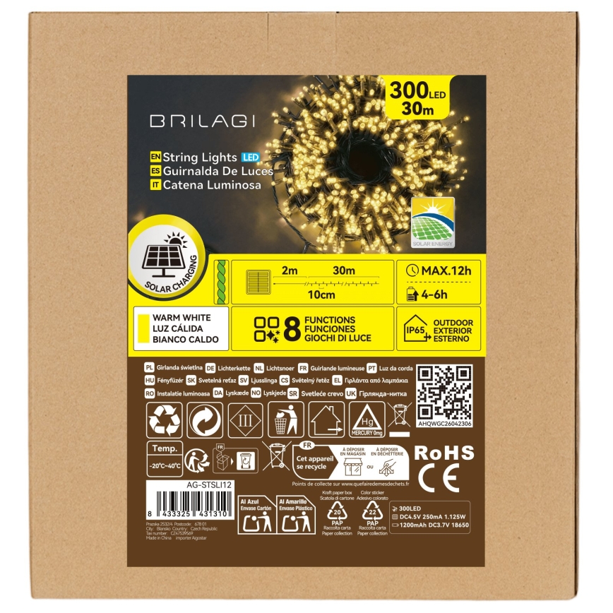 BRILAGI - Solarny łańcuch świąteczny LED 300 diod/8 funkcji 32 m 1200 mAh IP65 ciepła biała