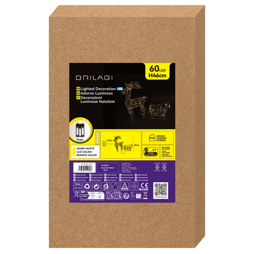 BRILAGI - LED Dekoracja świąteczna LED/3xAA 46 cm renifer z saniami ciepła biała