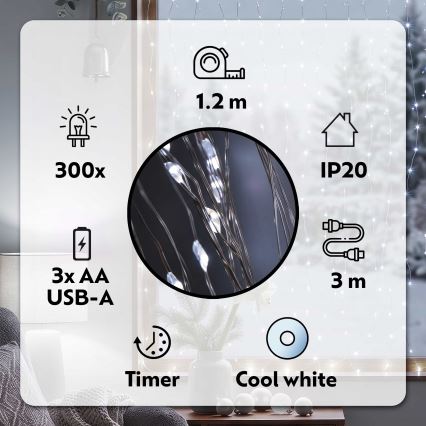 BRILAGI - LED Świąteczna kurtyna 300xLED/8 funkcji/3xAA/USB 1,2m zimna biel