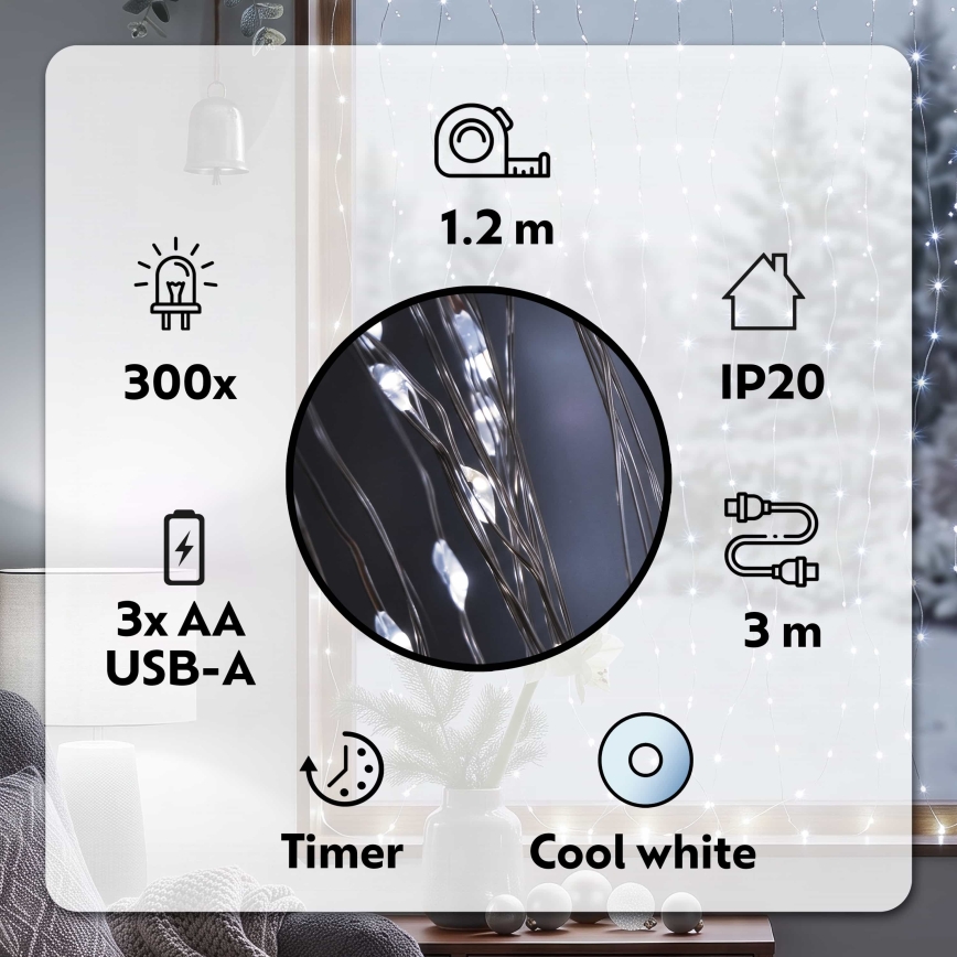 BRILAGI - LED Świąteczna kurtyna 300xLED/8 funkcji/3xAA/USB 1,2m zimna biel