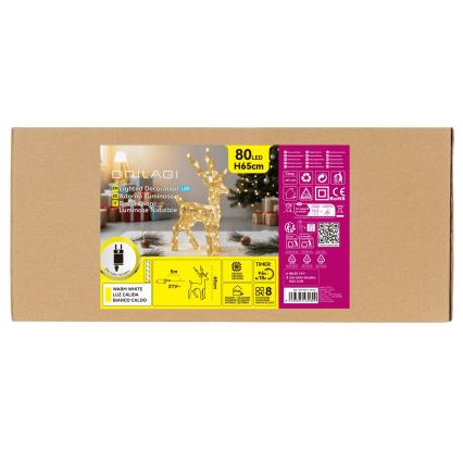 BRILAGI - Zewnętrzna dekoracja bożonarodzeniowa LED/3,6W/8 funkcji 65 cm IP44 renifer ciepła biała