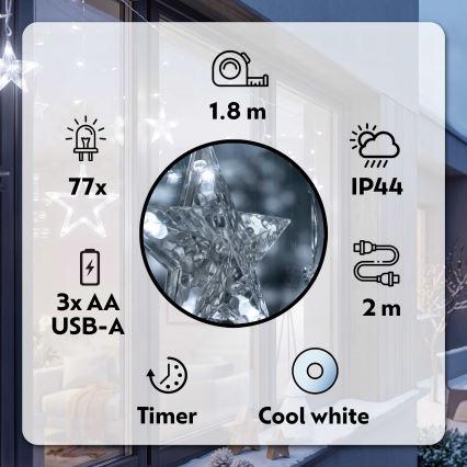 BRILAGI - LED Zewnętrzna kurtyna bożonardzeniowa 77xLED/3xAA/USB 1,8m IP44 zimna biel