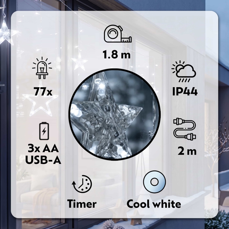 BRILAGI - LED Zewnętrzna kurtyna bożonardzeniowa 77xLED/3xAA/USB 1,8m IP44 zimna biel