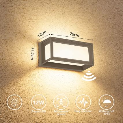 Brilagi - Zewnętrzny kinkiet LED z czujnikiem PARKER LED/12W/230V, szary, IP44