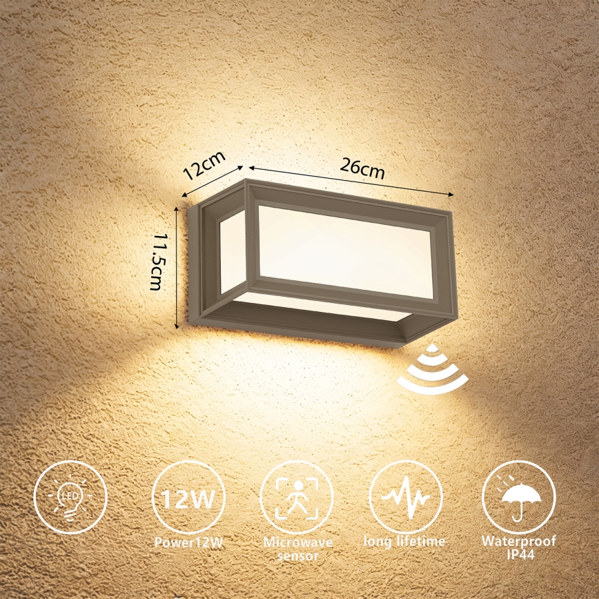 Brilagi - Zewnętrzny kinkiet LED z czujnikiem PARKER LED/12W/230V, szary, IP44