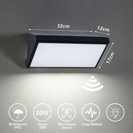 Brilagi - LED zewnętrzny kinkiet z czujnikiem TRIANGLE LED/20W/230V czarny IP65