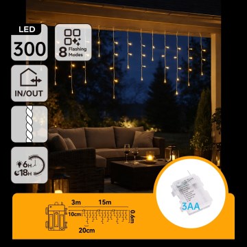 BRILAGI - LED zewnętrzny łańcuch świąteczny 300xLED/3xAA/8 funkcji 18x0,6m IP44 ciepła biała