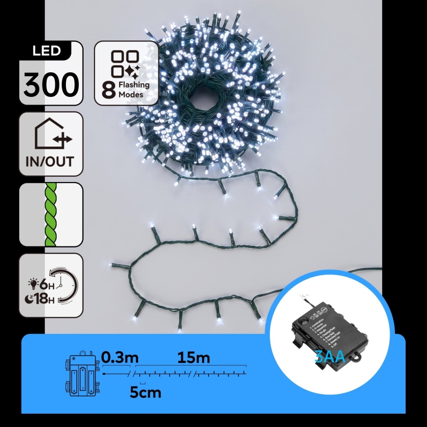 BRILAGI - LED Zewnętrzny świąteczny łańcuch 300xLED/3xAA/8 funkcji 15,3m IP44 zimnobiały