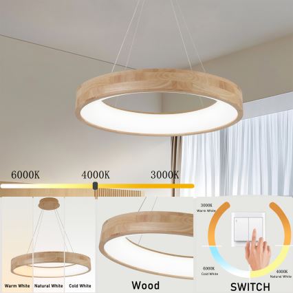 Brilagi - Drewniana lampa LED wisząca na lince FALCON WOOD LED/40W/230V 3000/4000/6000K śr. 60 cm
