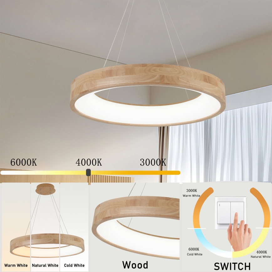 Brilagi - Drewniana lampa LED wisząca na lince FALCON WOOD LED/40W/230V 3000/4000/6000K śr. 60 cm