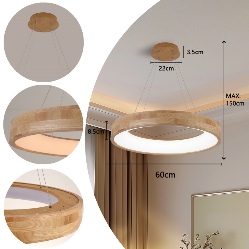Brilagi - Drewniana lampa LED wisząca na lince FALCON WOOD LED/40W/230V 3000/4000/6000K śr. 60 cm