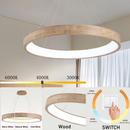 Brilagi - Żyrandol LED na lince FALCON WOOD LED/60W/230V 3000/4000/6000K śr. 80 cm drewno