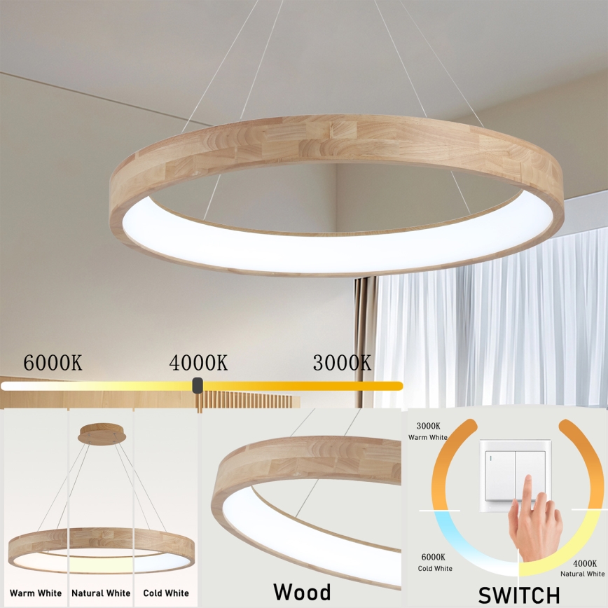 Brilagi - Żyrandol LED na lince FALCON WOOD LED/60W/230V 3000/4000/6000K śr. 80 cm drewno