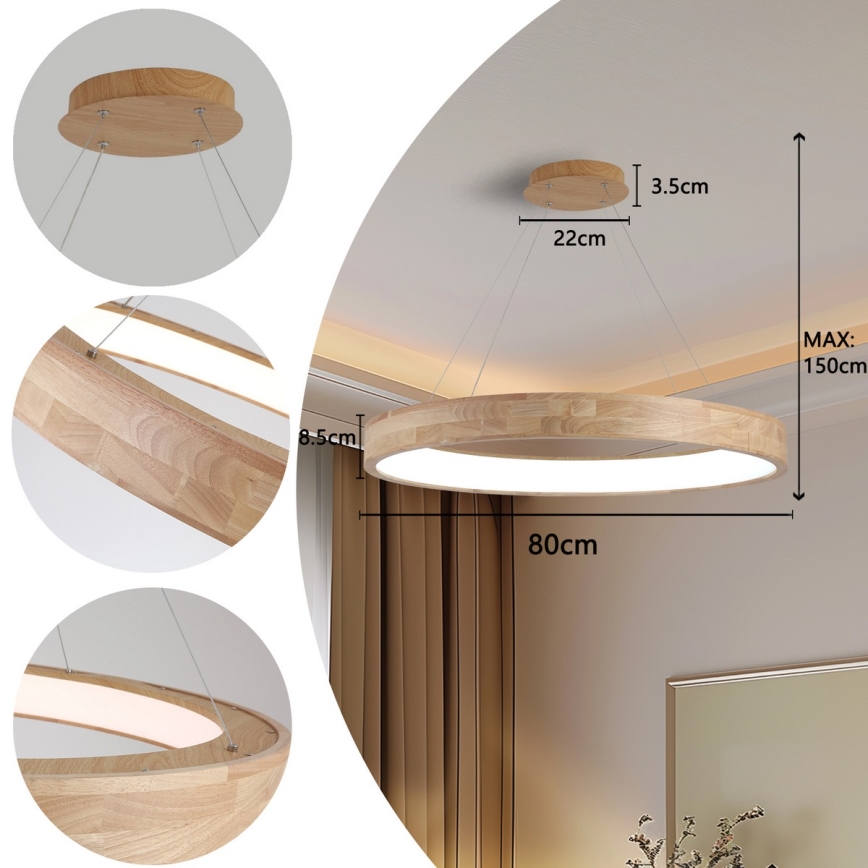 Brilagi - Żyrandol LED na lince FALCON WOOD LED/60W/230V 3000/4000/6000K śr. 80 cm drewno