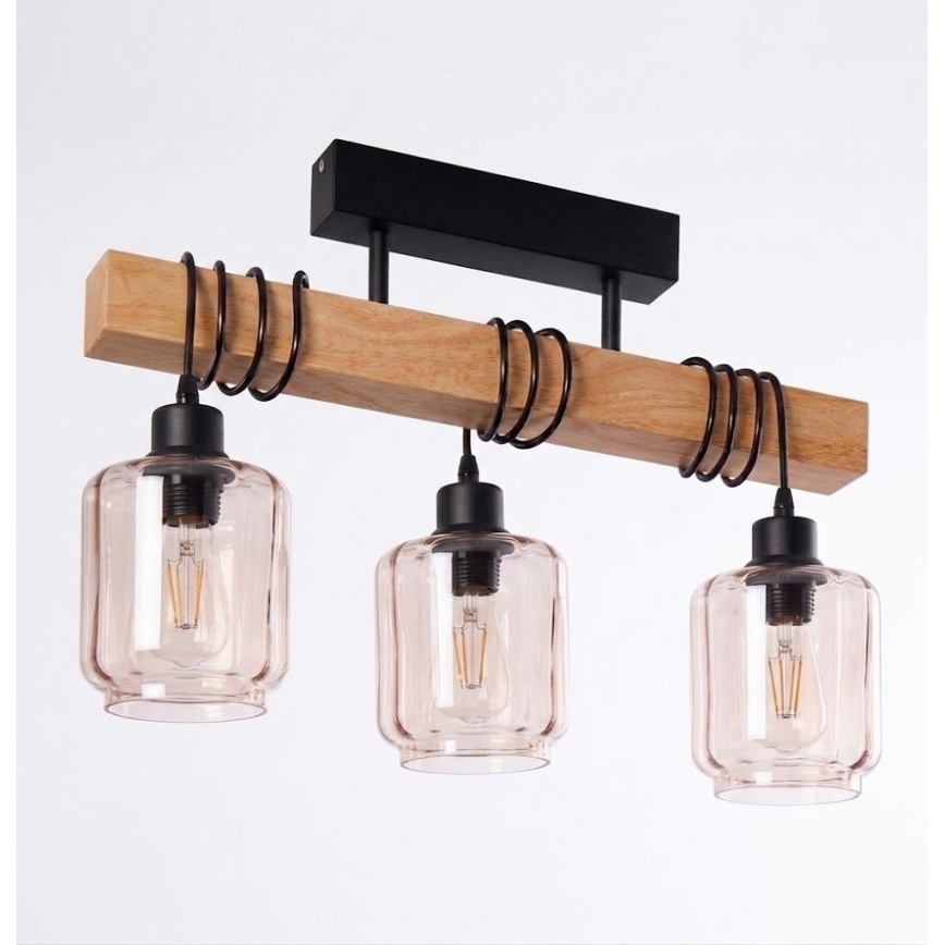 Brilagi - Przysufitowy żyrandol WOOD GLASS 3xE27/60W/230V sosna/czarny/dymny beż