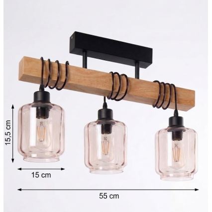 Brilagi - Przysufitowy żyrandol WOOD GLASS 3xE27/60W/230V sosna/czarny/dymny beż