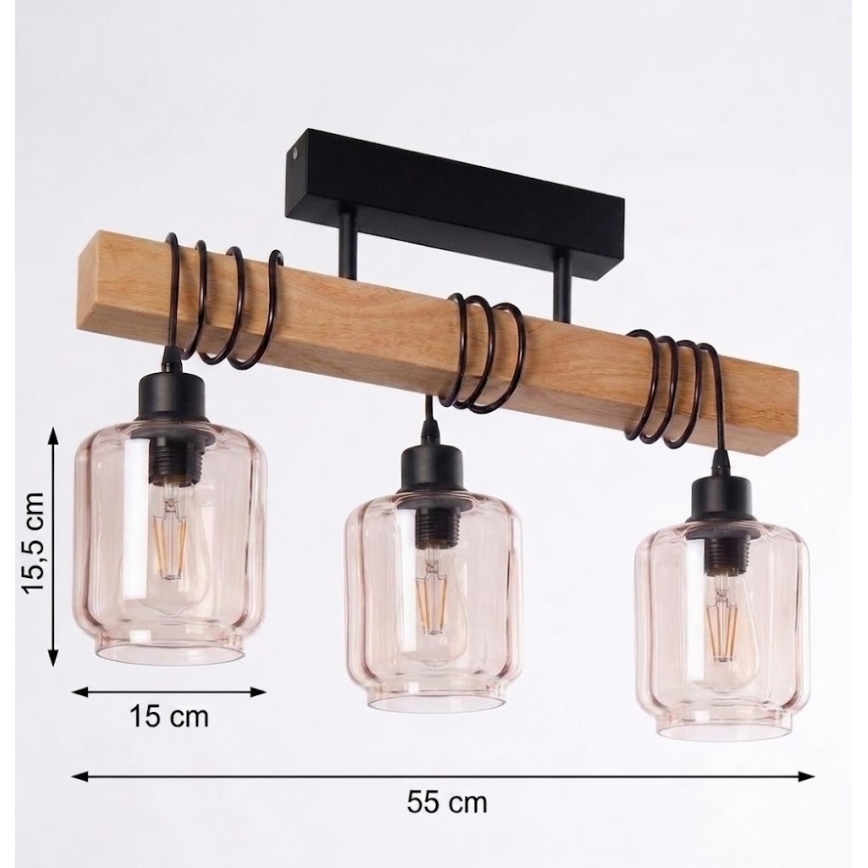 Brilagi - Przysufitowy żyrandol WOOD GLASS 3xE27/60W/230V sosna/czarny/dymny beż