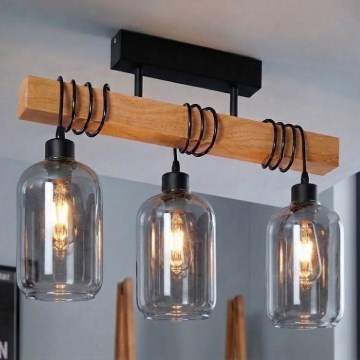 Brilagi - Przysufitowy żyrandol WOOD GLASS 3xE27/60W/230V sosna/czarny/dymnoszary