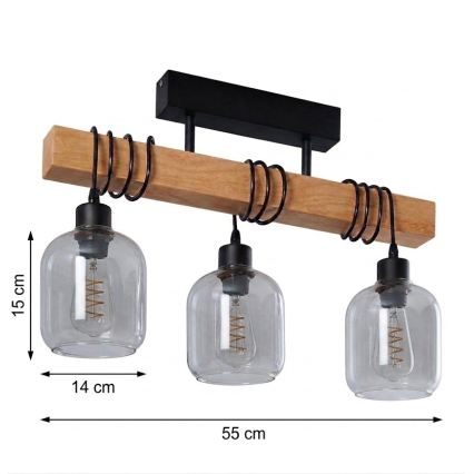 Brilagi - Przysufitowy żyrandol WOOD GLASS 3xE27/60W/230V sosna/czarny/przydymiony szary