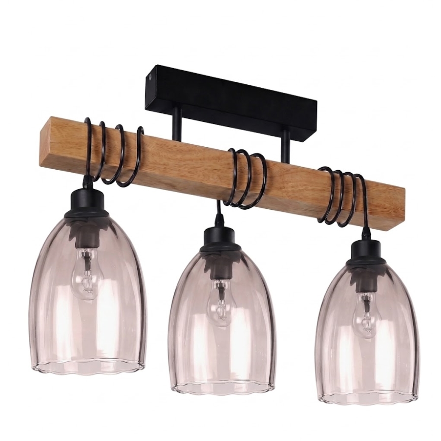 Brilagi - Przysufitowy żyrandol WOOD GLASS 3xE27/60W/230V sosna/czarny/przydymiony beżowy