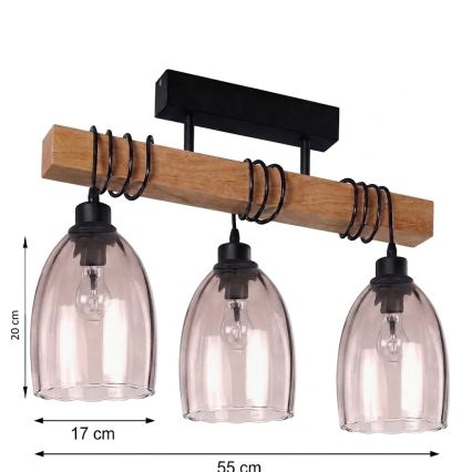 Brilagi - Przysufitowy żyrandol WOOD GLASS 3xE27/60W/230V sosna/czarny/przydymiony beżowy