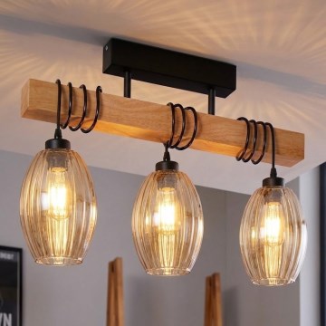 Brilagi - Przysufitowy żyrandol WOOD GLASS 3xE27/60W/230V sosna/czarny/dymny beż
