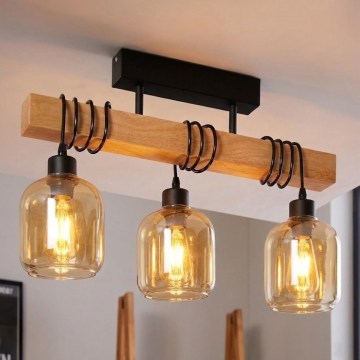 Brilagi - Przysufitowy żyrandol WOOD GLASS 3xE27/60W/230V sosna/czarny/dymny brąz