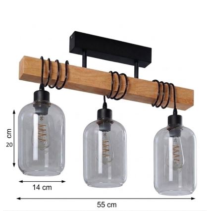 Brilagi - Przysufitowy żyrandol WOOD GLASS 3xE27/60W/230V sosna/czarny/dymnoszary