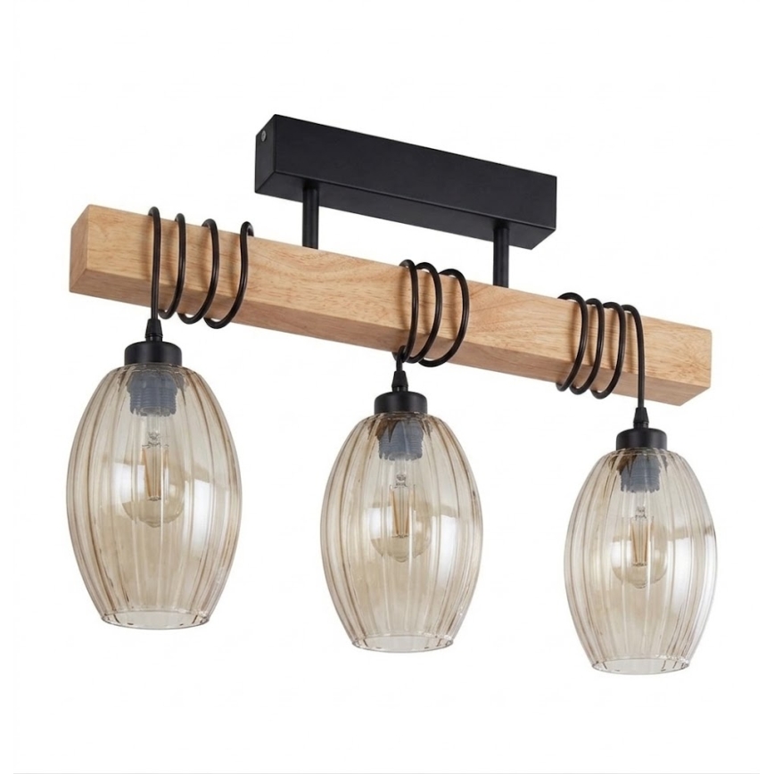 Brilagi - Przysufitowy żyrandol WOOD GLASS 3xE27/60W/230V sosna/czarny/dymny beż